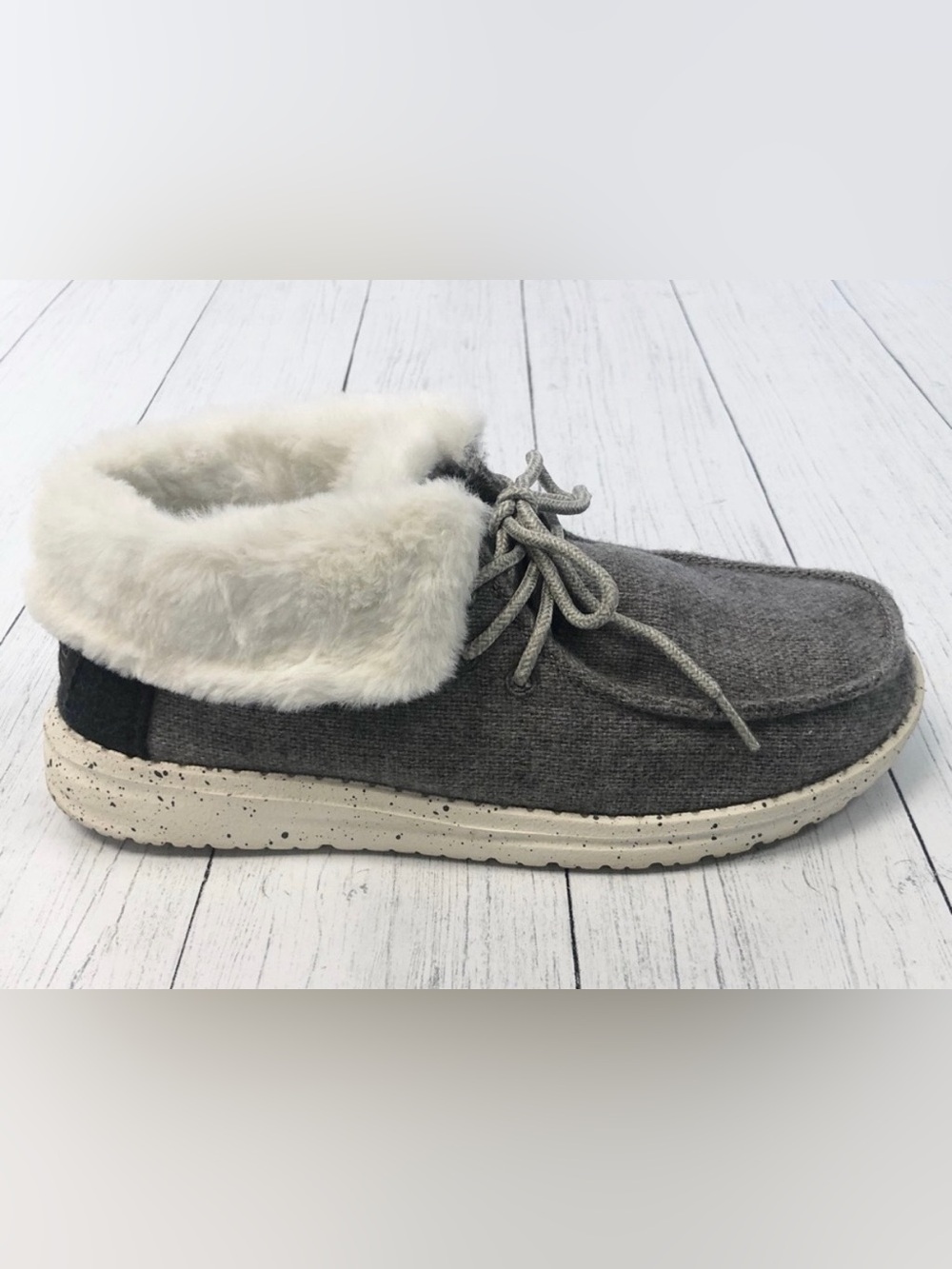 Hey Dude Britt Charcoal Gray White Faux Fur Warm Ankle Booties Shoes-Womens 8